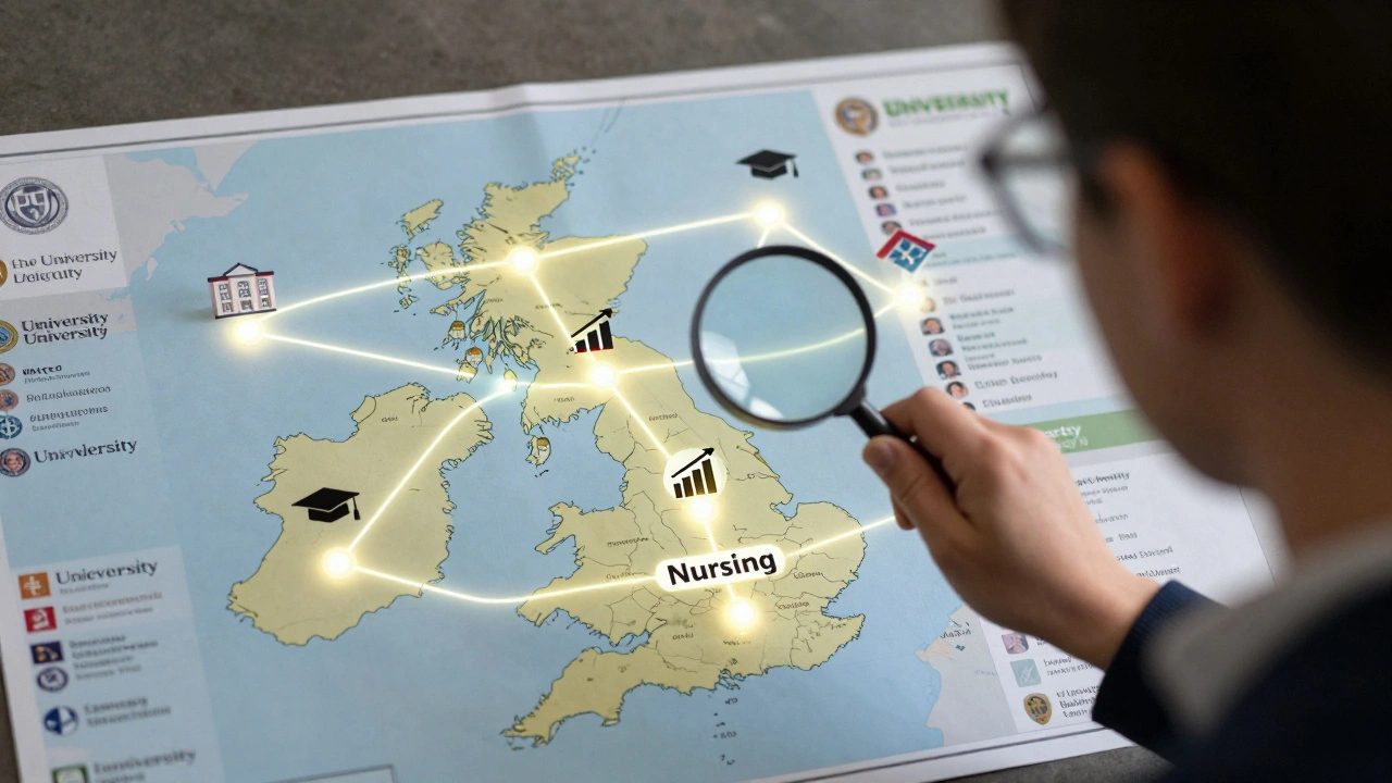 Student using magnifying glass to explore glowing subject rankings on a UK map, with career icons along paths.