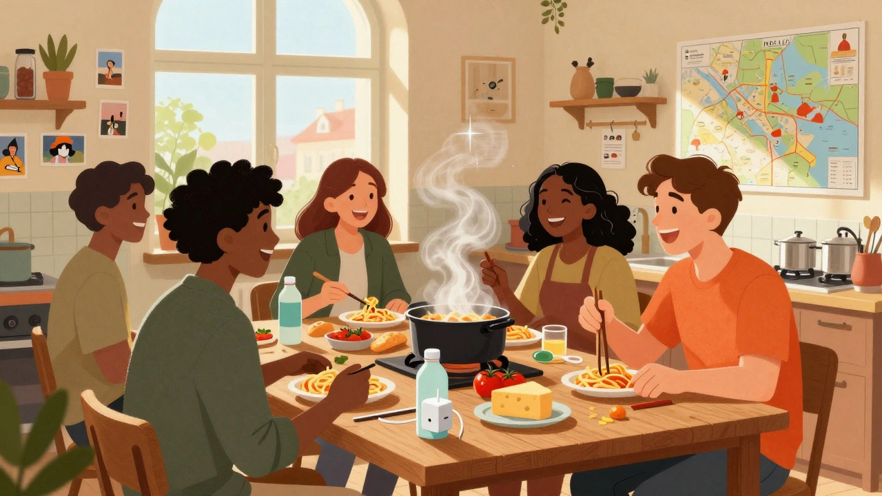 Students cooking together in a hostel kitchen in Prague, with groceries and a universal adapter on the table.