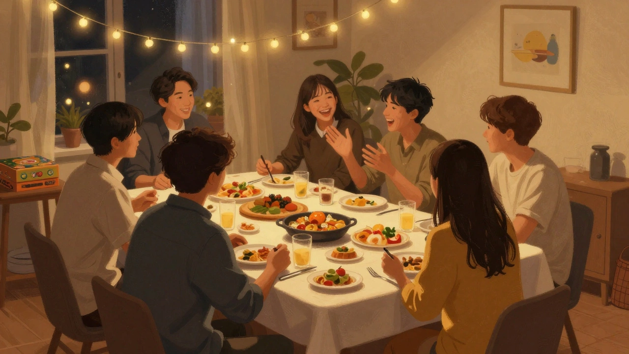 Students eating together without phones in a warmly lit common room, board games nearby.