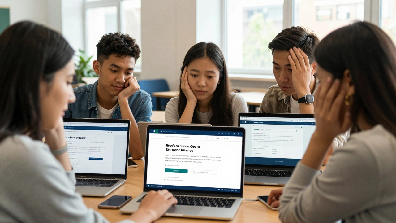 Students in a university room comparing student finance websites on a laptop.