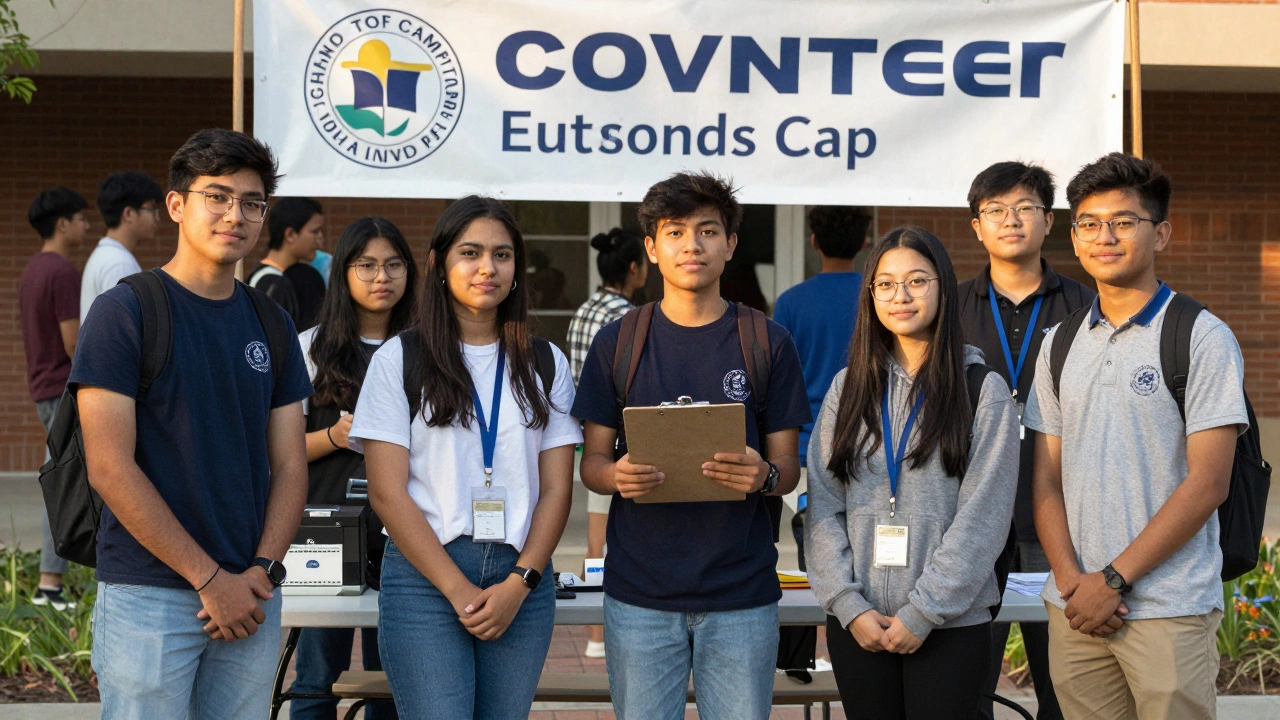 Students managing campus event with registration tables and attendees in background.