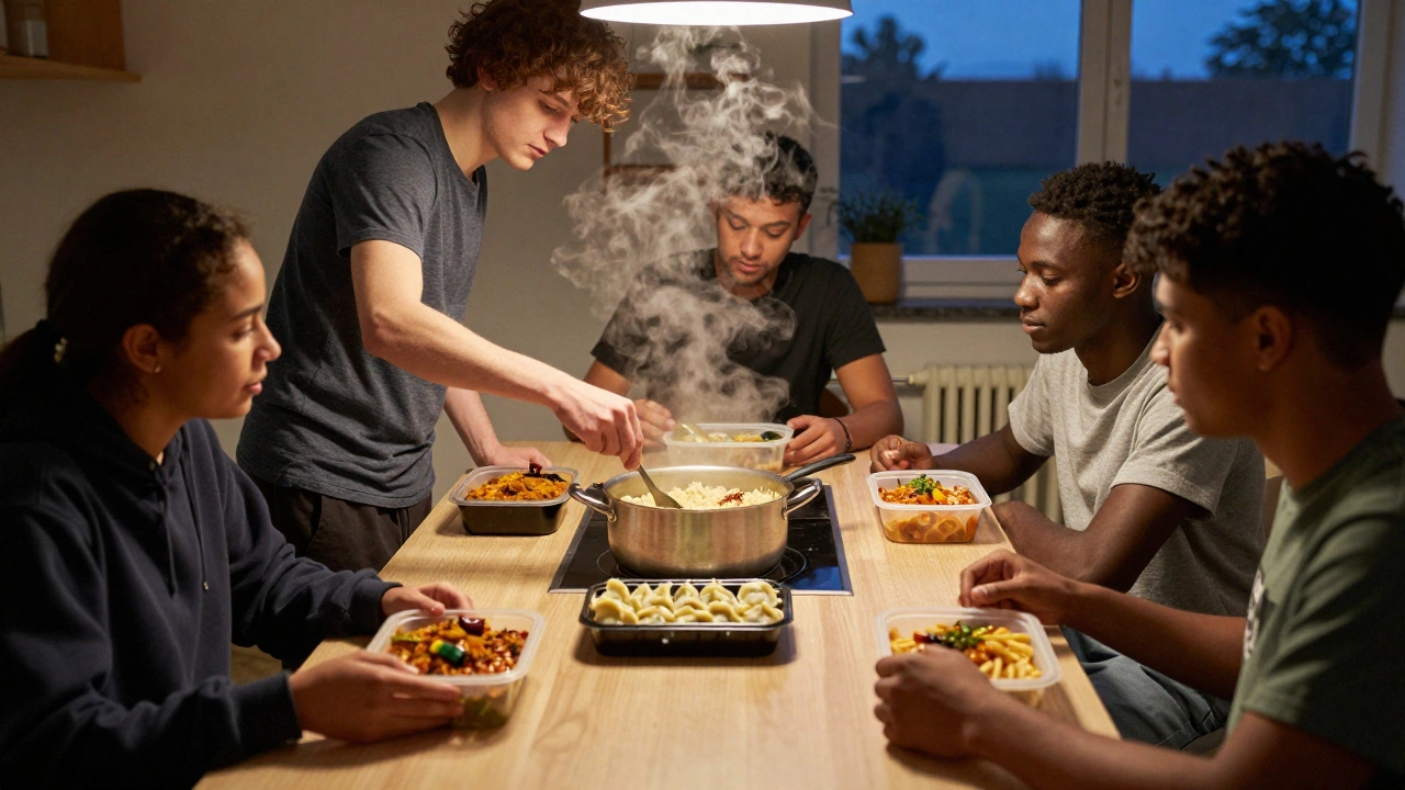Students share meals from their home countries in a quiet university kitchen at dusk.