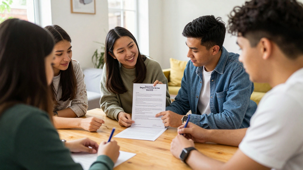 Students signing a tenancy agreement in a shared flat with official documents visible on the table.