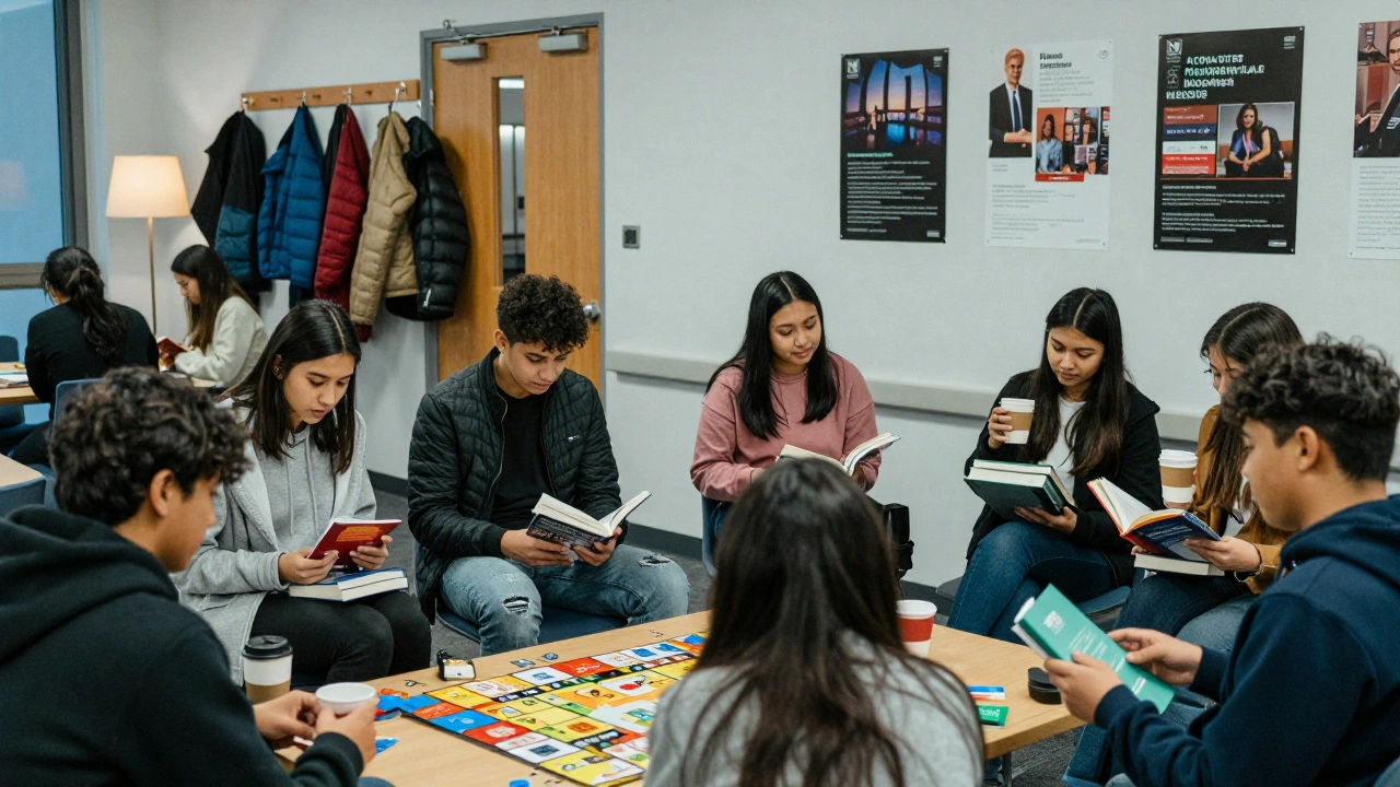 Students swapping books and playing board games in a campus library with free event posters
