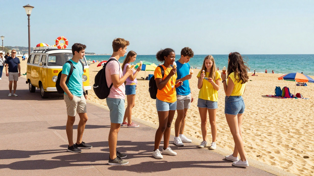 Students working at a beachside ice cream van and lifeguard station in summer