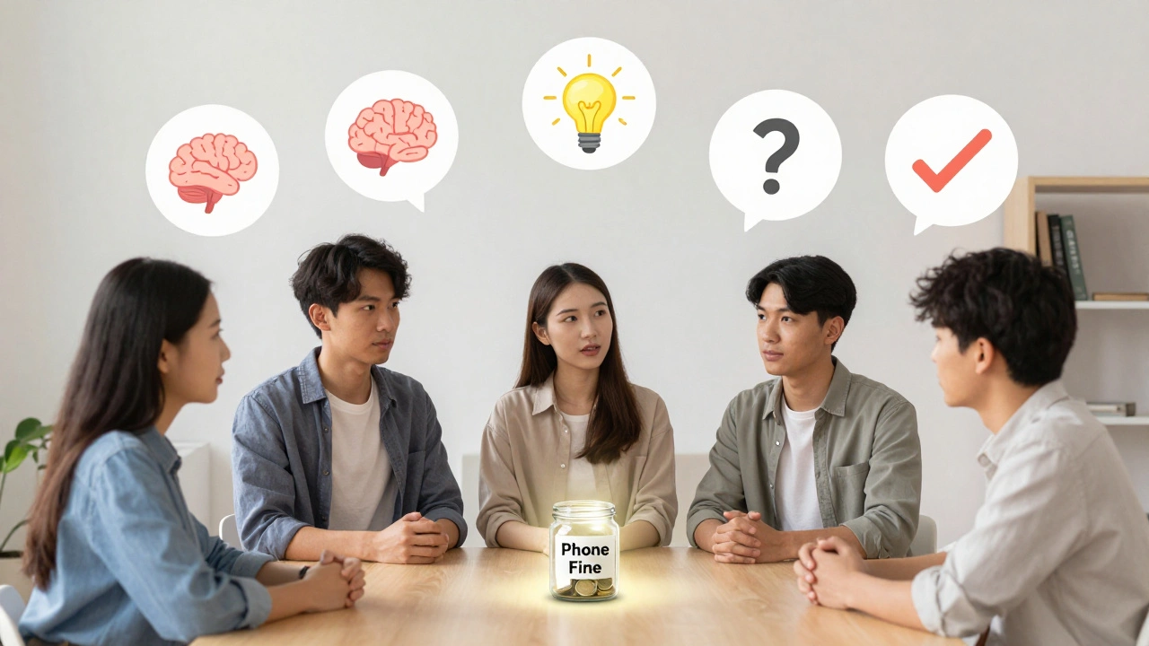 Study group summarizing their session with icons floating above, phone fine jar on table.