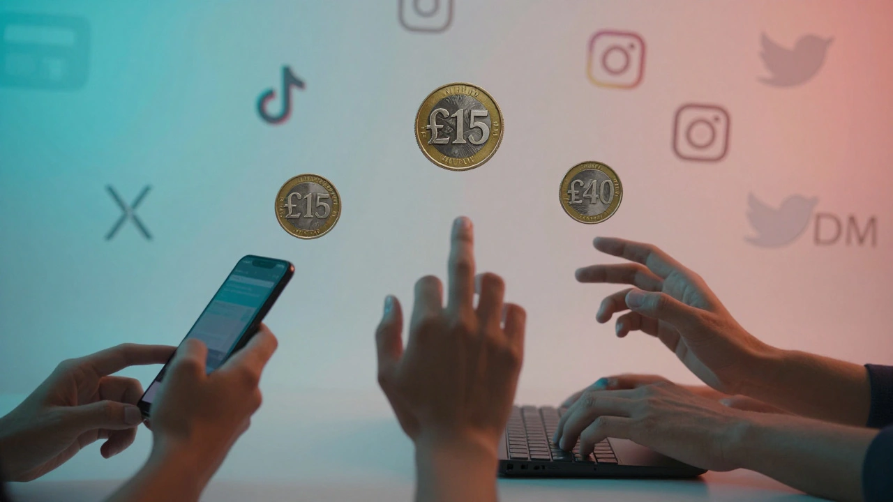 Three hands reaching for coins representing content gig earnings, social media icons in background.