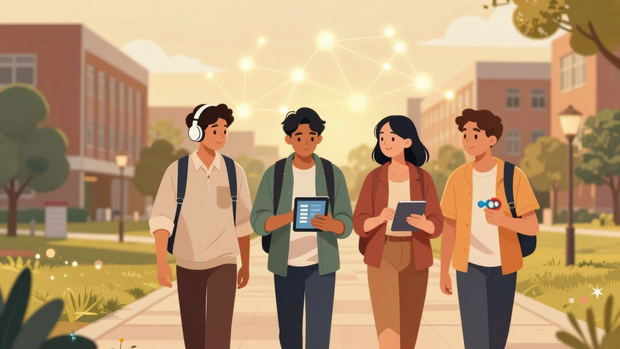 Three neurodivergent students walking on a campus path, supported by digital tools and connected by a glowing network of peer support.