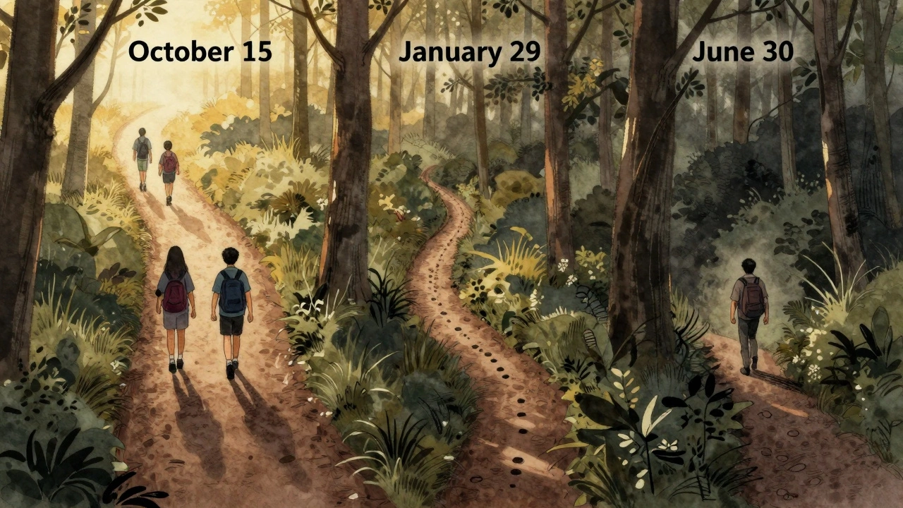 Three paths in a forest representing UCAS deadlines: October, January, and June.