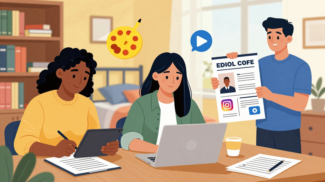 Three student freelancers working in different UK locations, each engaged in editing, designing, and presenting services.