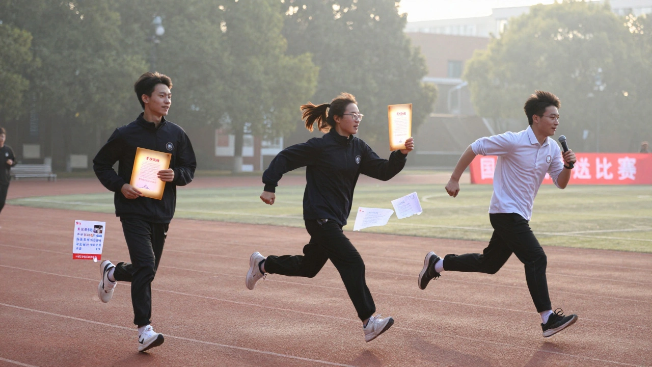 Three students running a relay with a handover folder, transitioning from past to future society leadership.