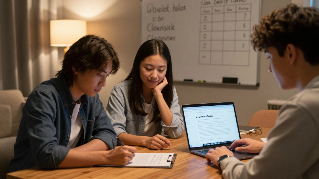 Three students signing a roommate agreement at a wooden table, with cleaning schedules visible on a whiteboard.