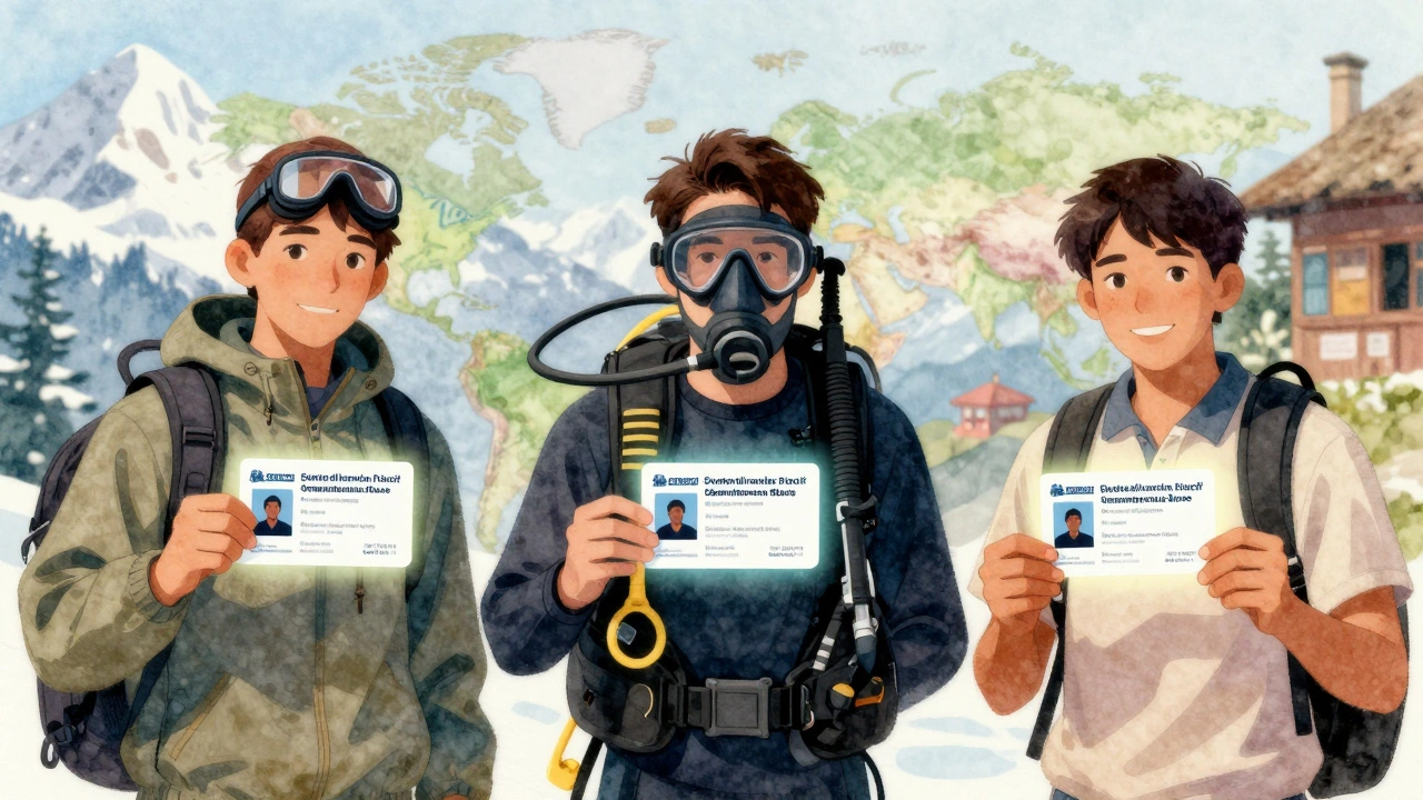 Three students skiing, diving, and volunteering abroad, each holding a student travel insurance card