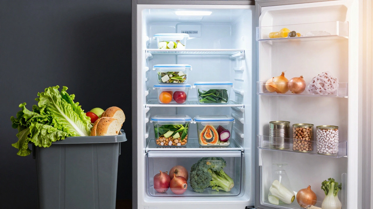Timeline showing food waste transformation from bin to organized fridge essentials.