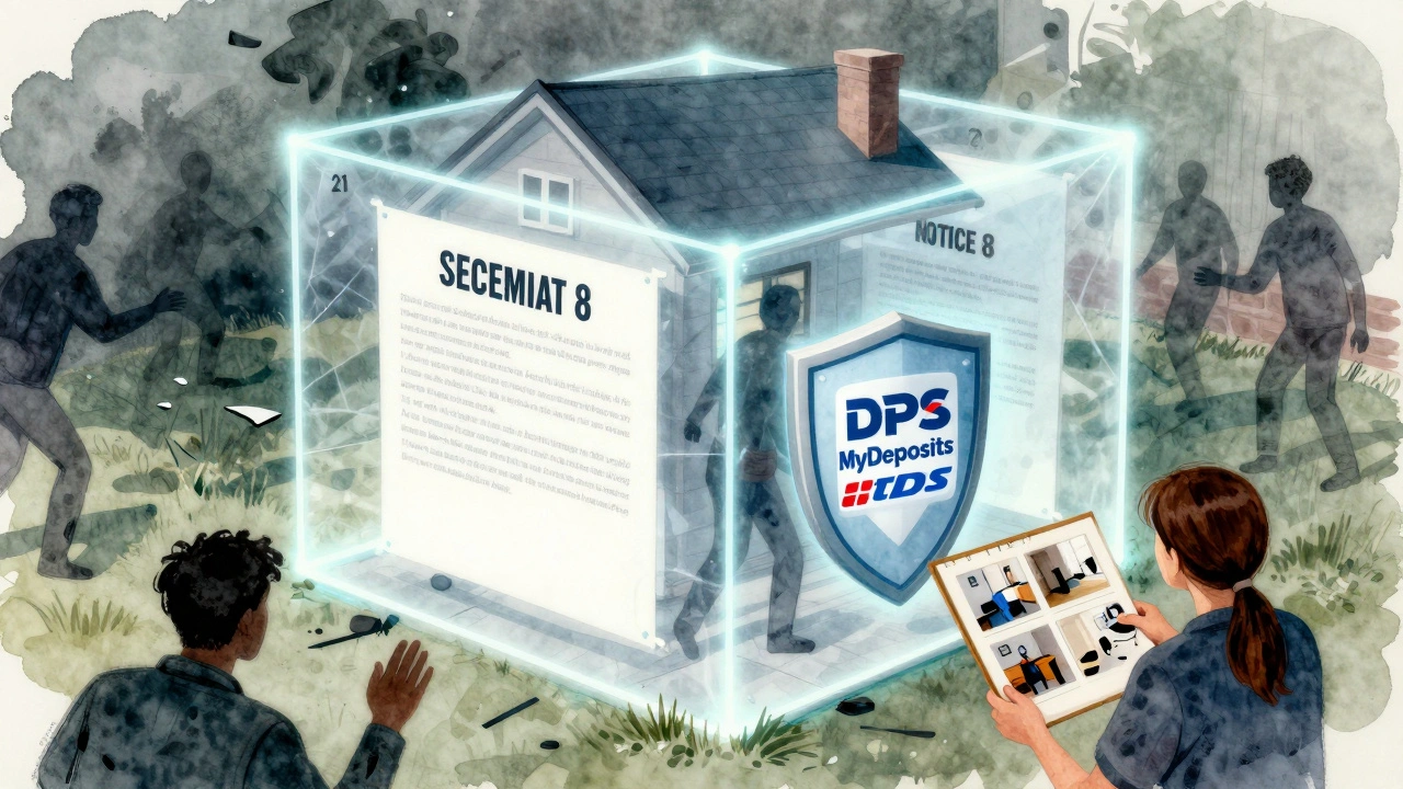 Transparent house protected by glowing legal barriers representing tenant rights.