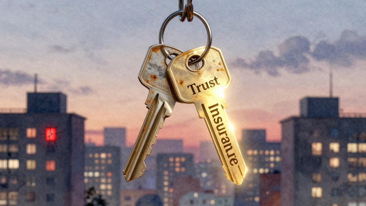 Two keys on a hook—one rusty and ignored, the other shining—symbolizing trust versus insurance protection.