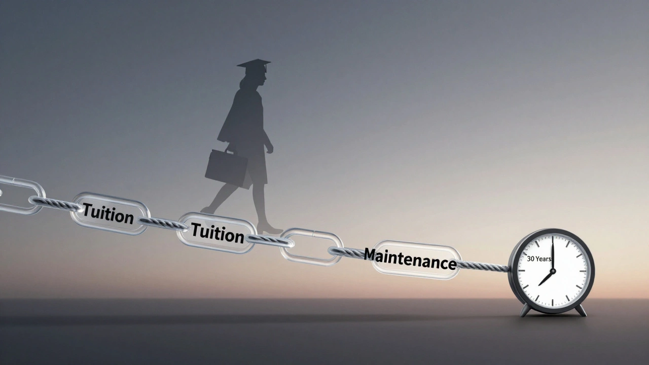 Two student loan chains merging into one rope leading to a 30-year repayment horizon.