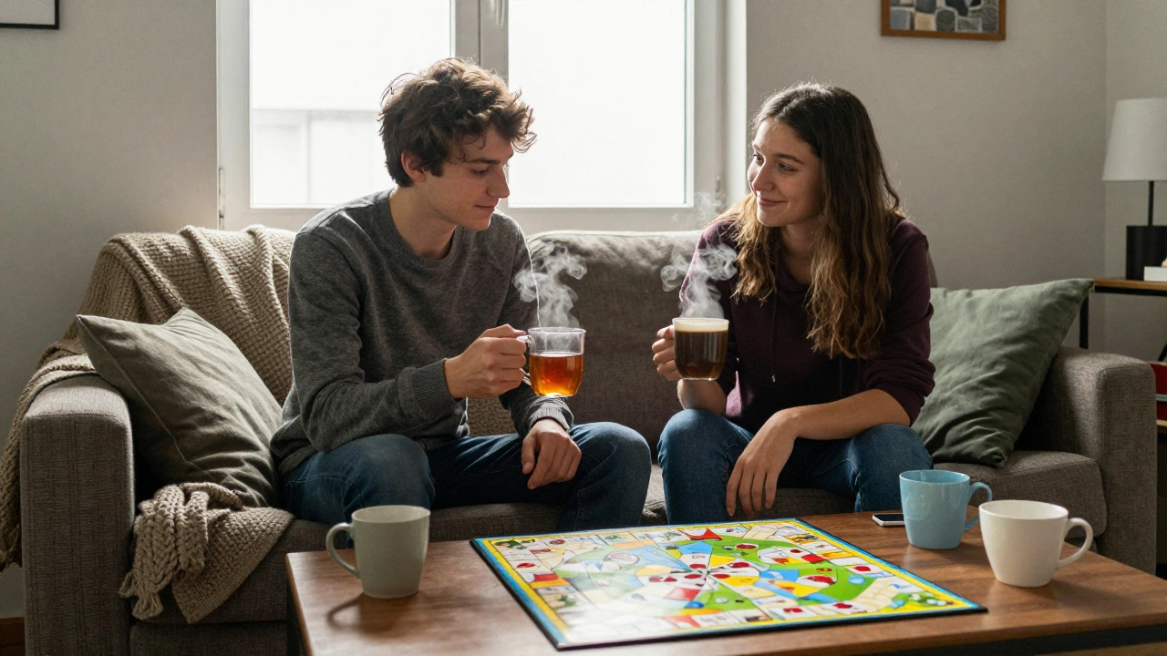 Two students share tea and a board game in a cozy dorm common room.
