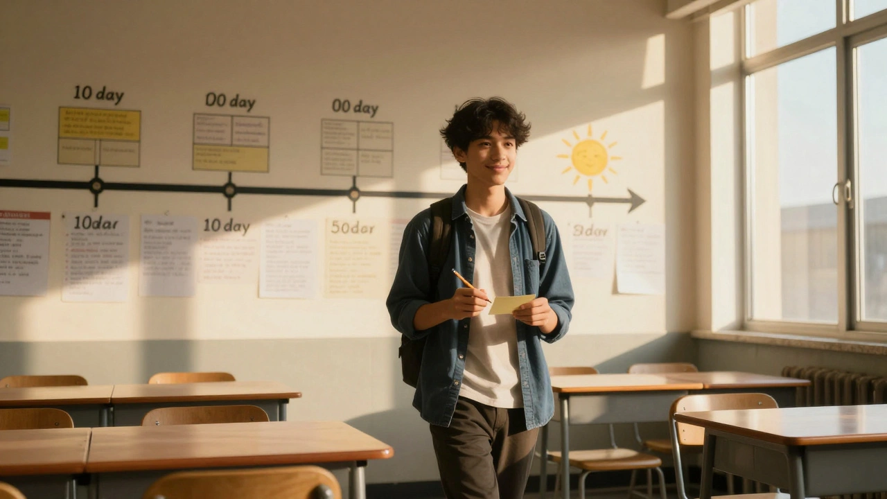 A calm student entering an exam hall, holding just a pencil, as a mural behind them shows their revision journey.