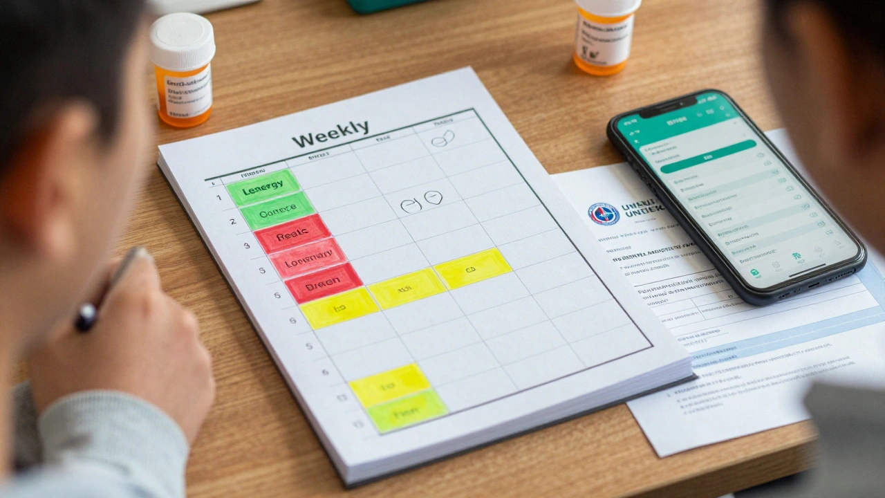 A color-coded weekly planner with symptom tracker app, medication, and DSA form on a desk.
