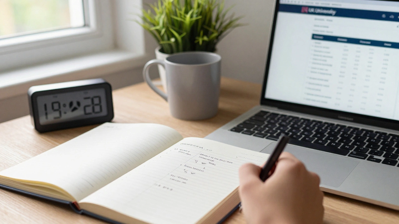 A focused student's desk with weekly study goals, Pomodoro timer, and university portal open under morning light.
