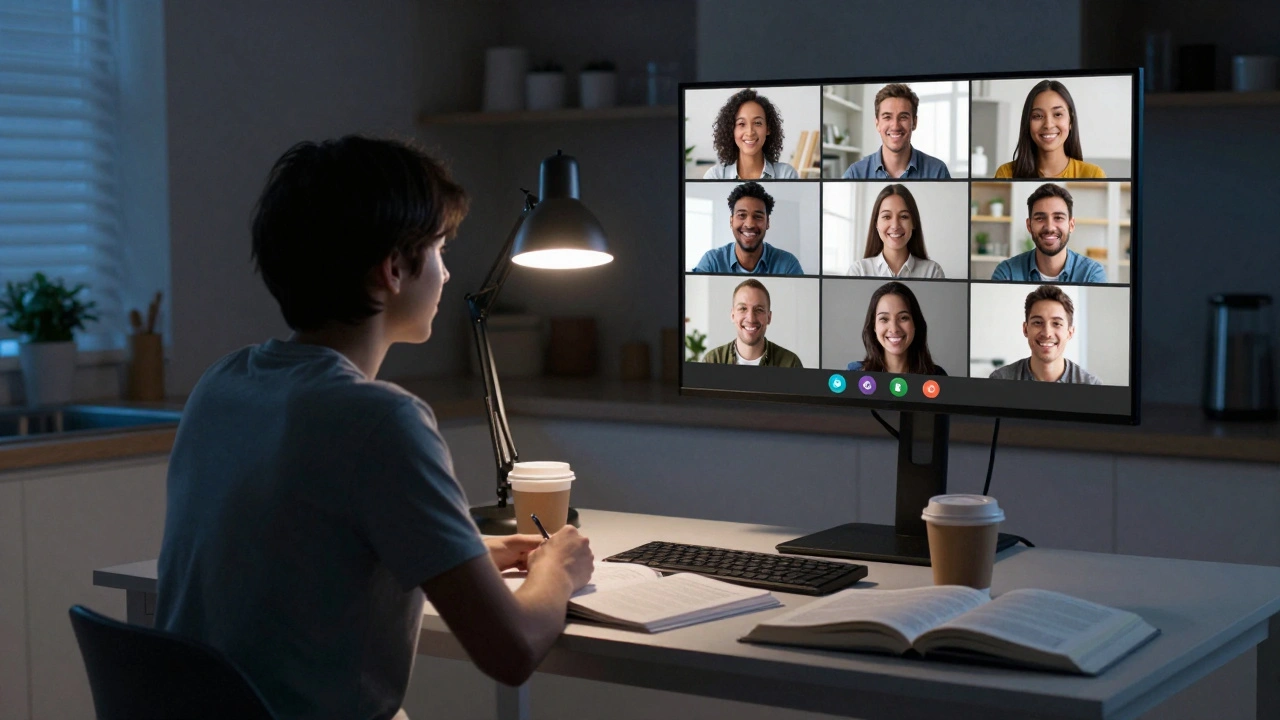 A late-night online student in a quiet kitchen, connected to a virtual study group through a glowing Zoom call.