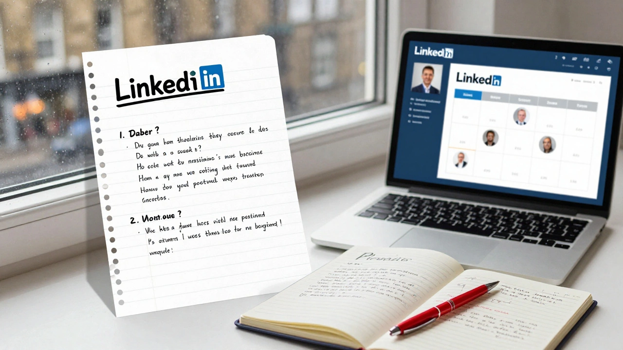 A notebook with handwritten questions and a LinkedIn profile on a laptop during career research.