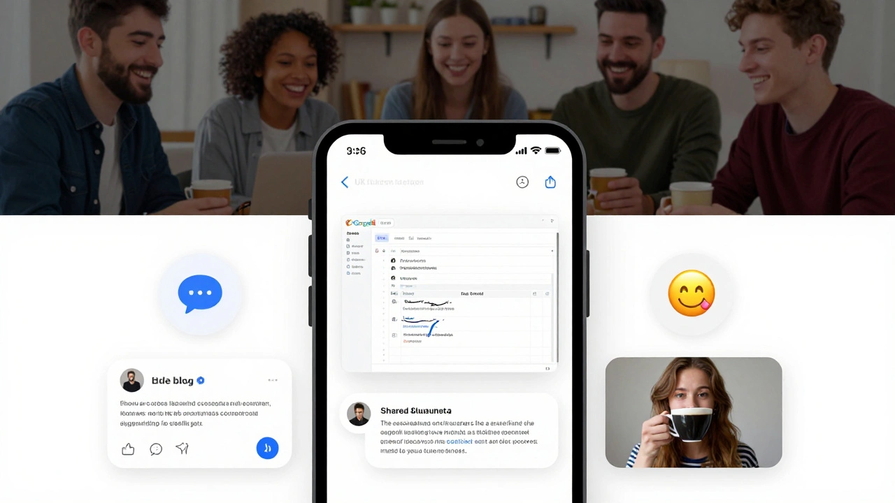 A phone screen showing a supportive group chat with voice notes, memes, and blog links.