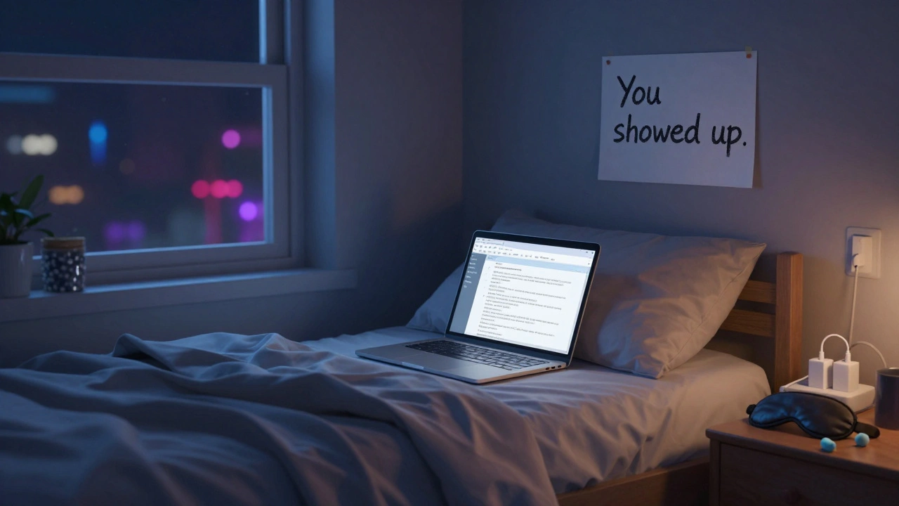 A quiet dorm room at night with chargers plugged in, sleep mask on the table, and faint party lights through the window.