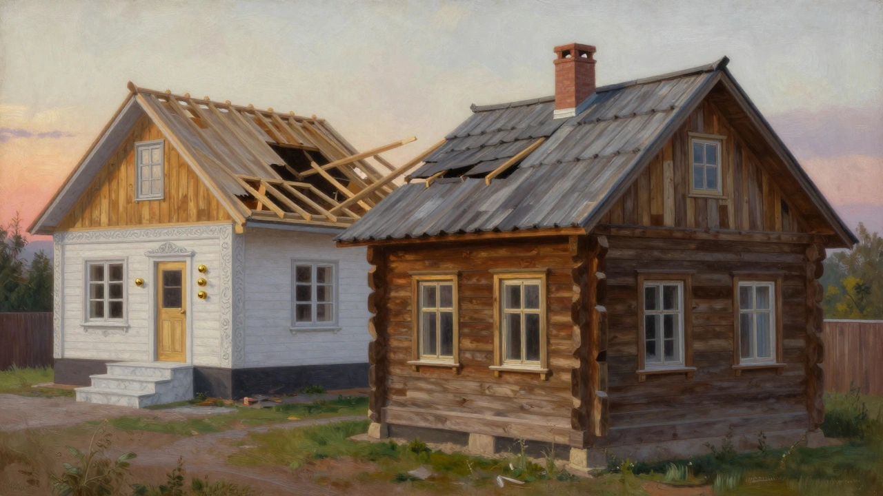 A strong house with a solid roof beside a collapsing ornate house, symbolizing good enough vs perfection.