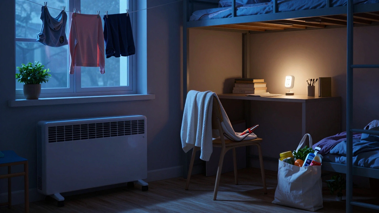 A student's eco-friendly dorm room at night with air-dried laundry and smart plug glowing.