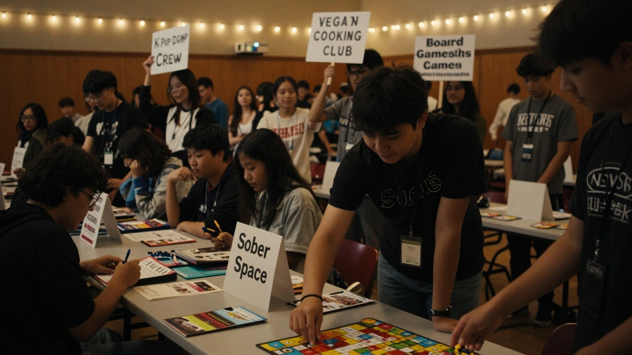 A student approaches a 'Sober Space' booth at a society fair, offered a board game by a smiling peer.