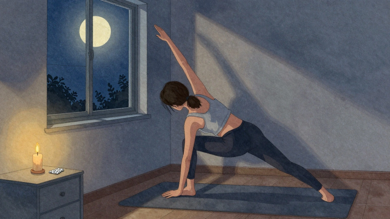 A student doing gentle yoga in a dorm room at night, moonlight illuminating their peaceful pose.