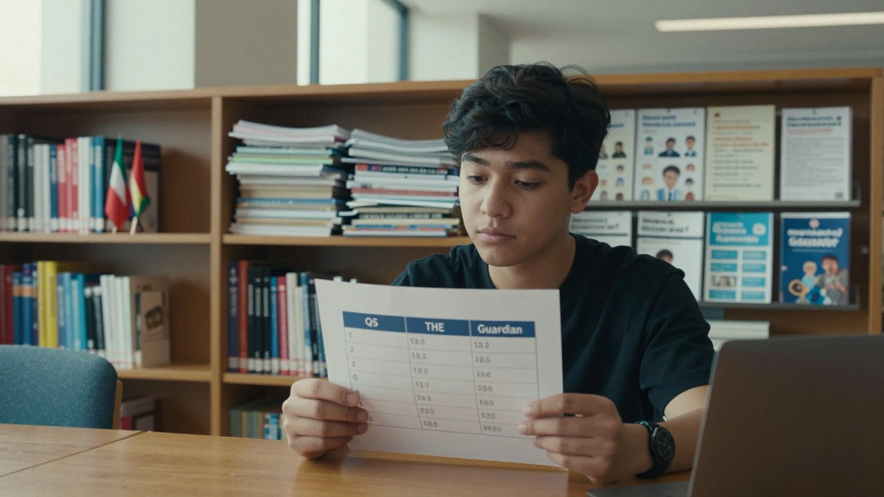 A student examining a university ranking chart in a library, with symbolic bookshelves behind showing different evaluation criteria.