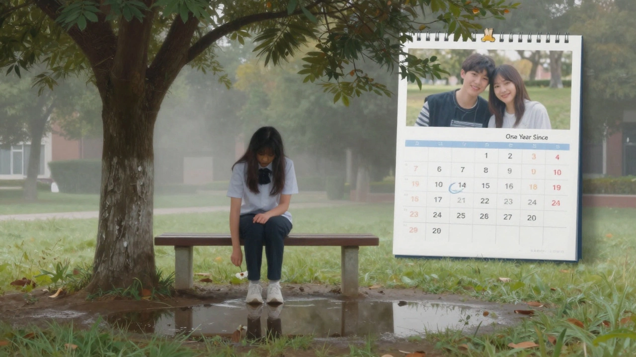 A student leaves a flower on a campus bench, their reflection in a puddle showing the weight of memory.