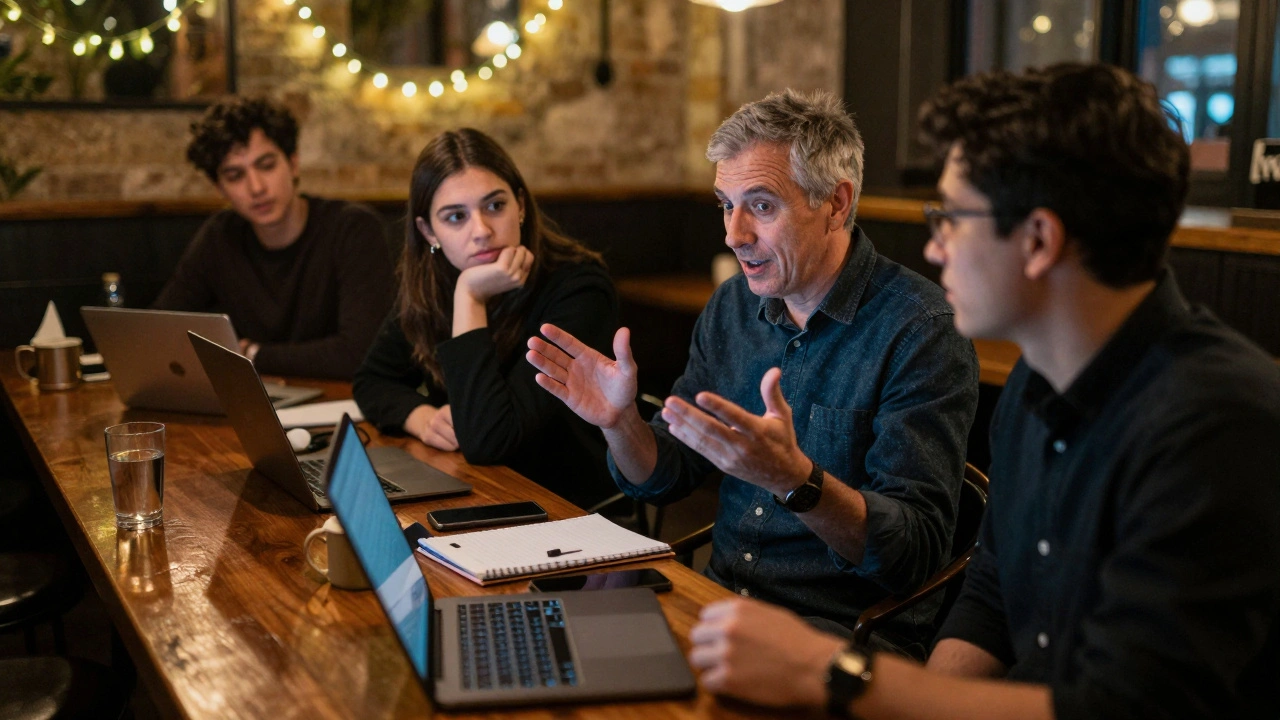 A student listens intently to a senior developer at a cozy London tech meetup.