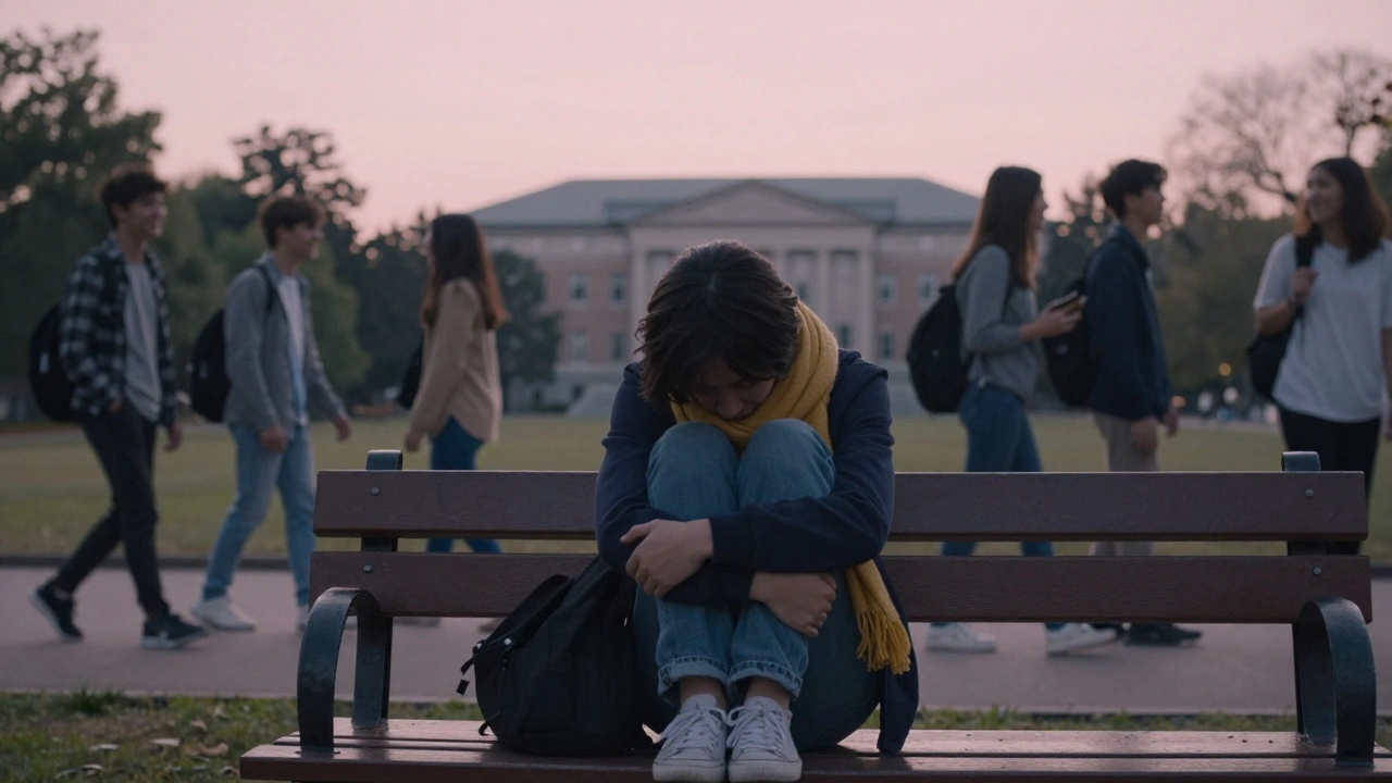 A student sitting alone on a park bench at dawn, looking overwhelmed while others pass by.