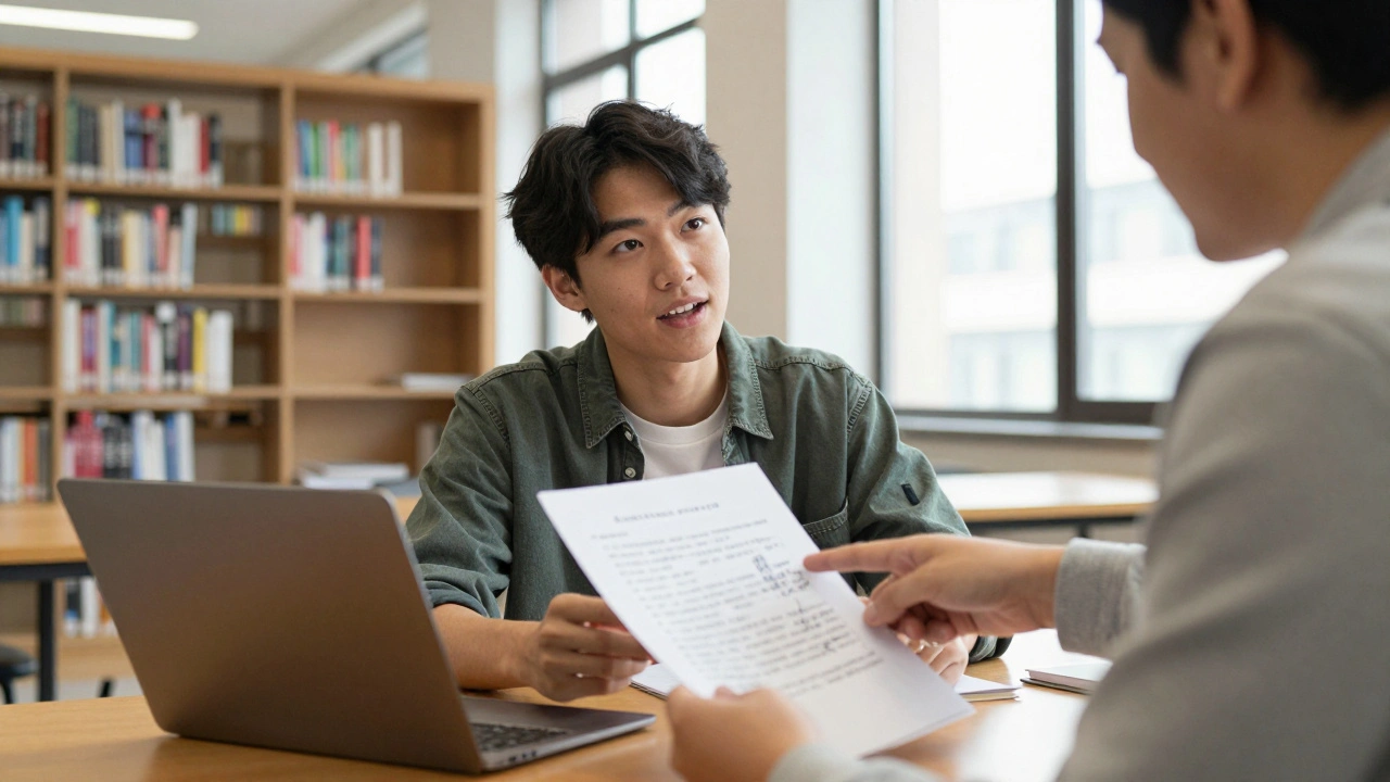 A student talking with a professor during office hours, holding feedback on an assignment.