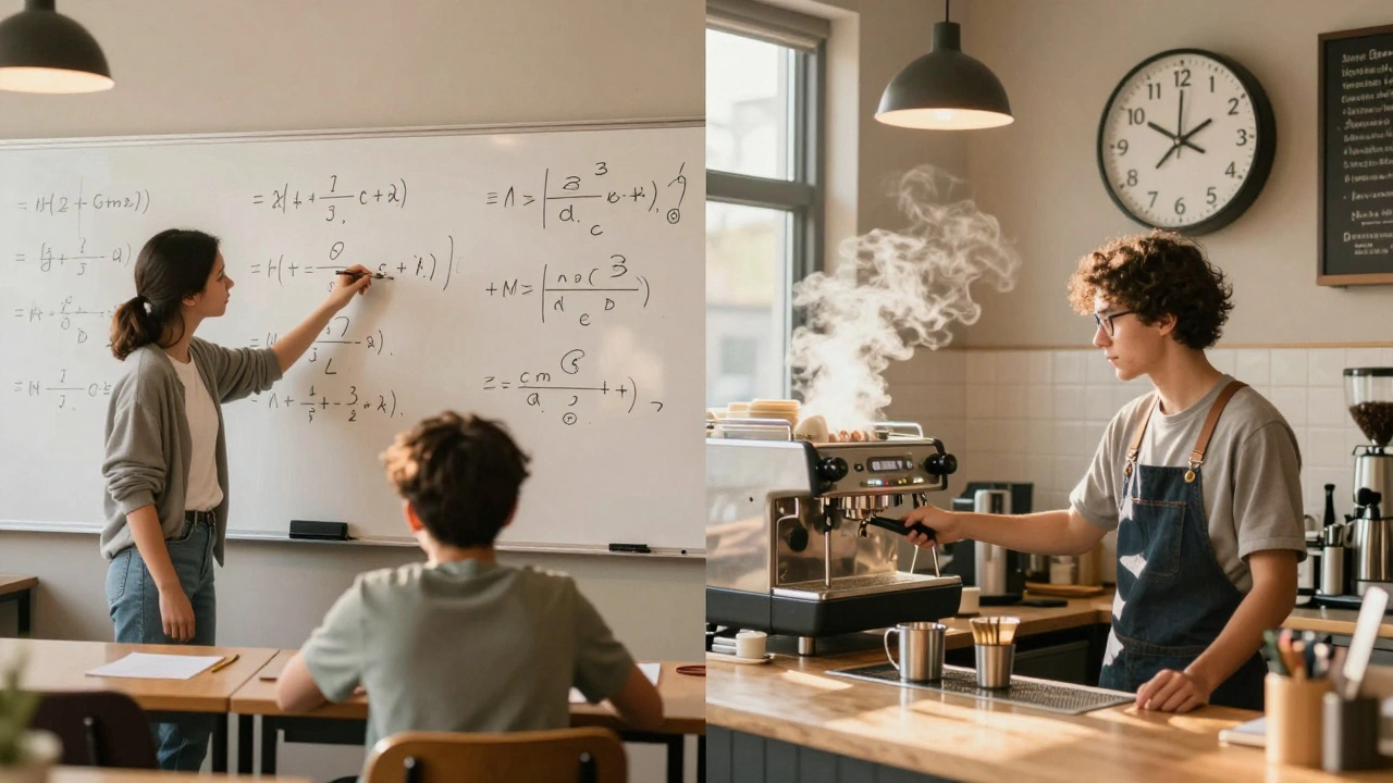 A student tutoring in a home setting and working at a campus café, showing dual responsibilities.