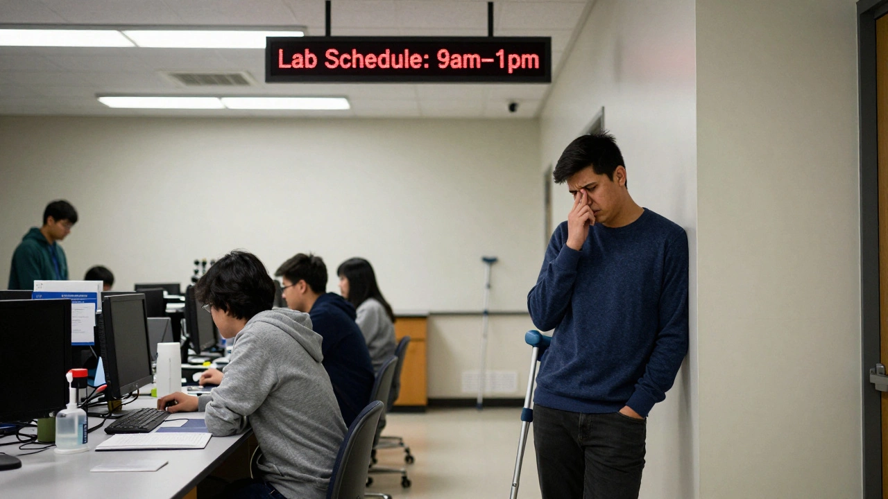 A student with chronic pain isolated in a university lab, waiting for approved schedule adjustments.