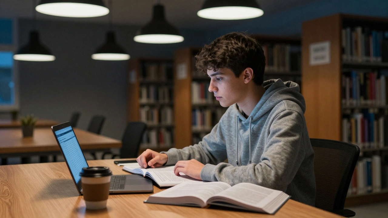 A student working late at night in a quiet university library with research materials.