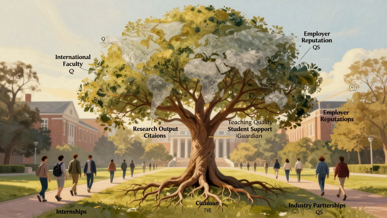 A tree symbolizing university rankings with roots, trunk, and branches representing research, teaching, and global factors, surrounded by student paths.