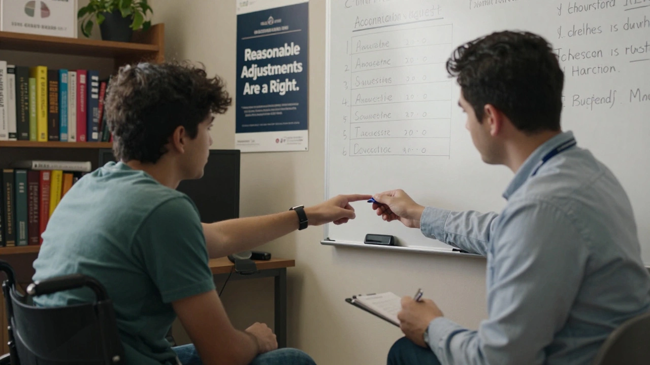 A university disability officer and student reviewing accommodation needs in a cluttered office.