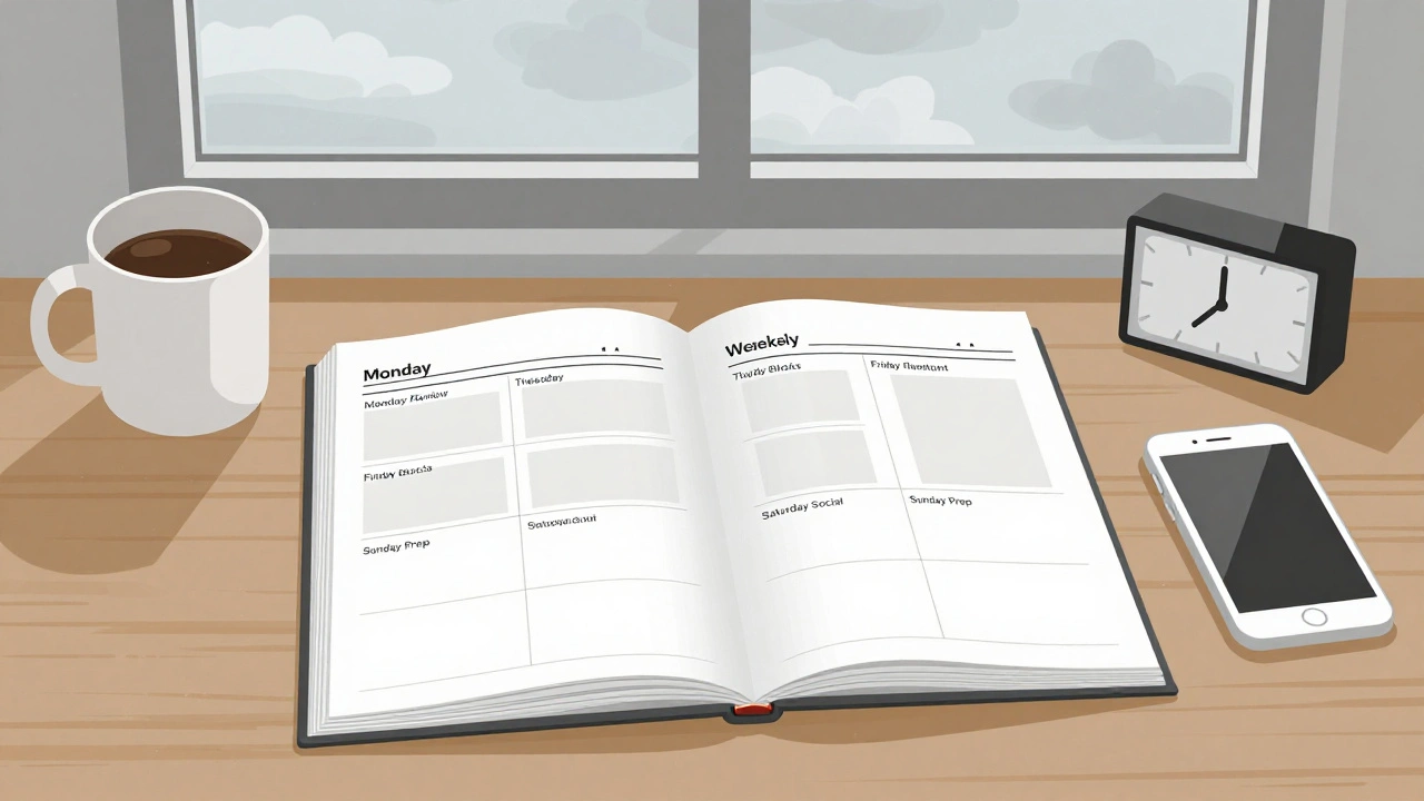 A weekly planner with study blocks, timer, and coffee mug on a wooden table.