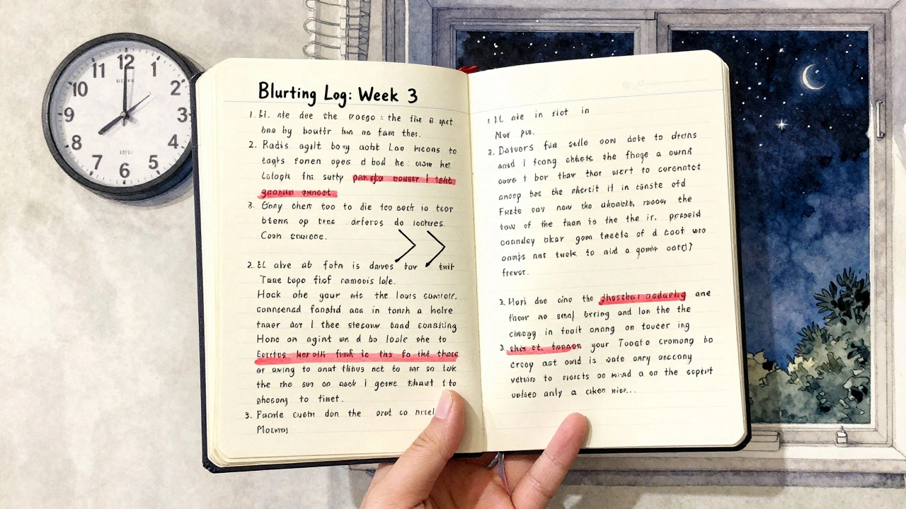 An open journal showing progress in blurting practice over weeks, with corrected notes and highlighted gaps.