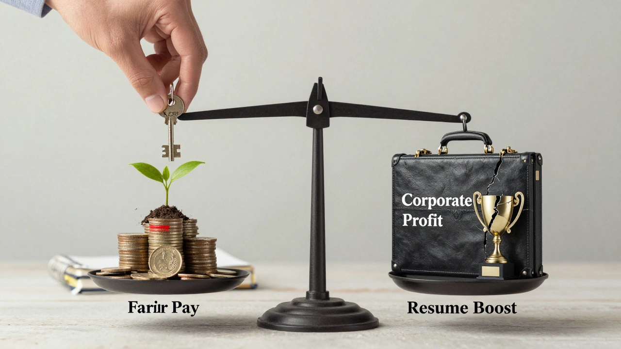 Balance scale weighing fair pay against corporate profit, student placing rights key on pay side, symbolic artwork.
