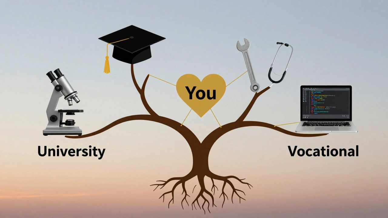 Branching tree showing academic and vocational career paths converging at a heart labeled 'You'.