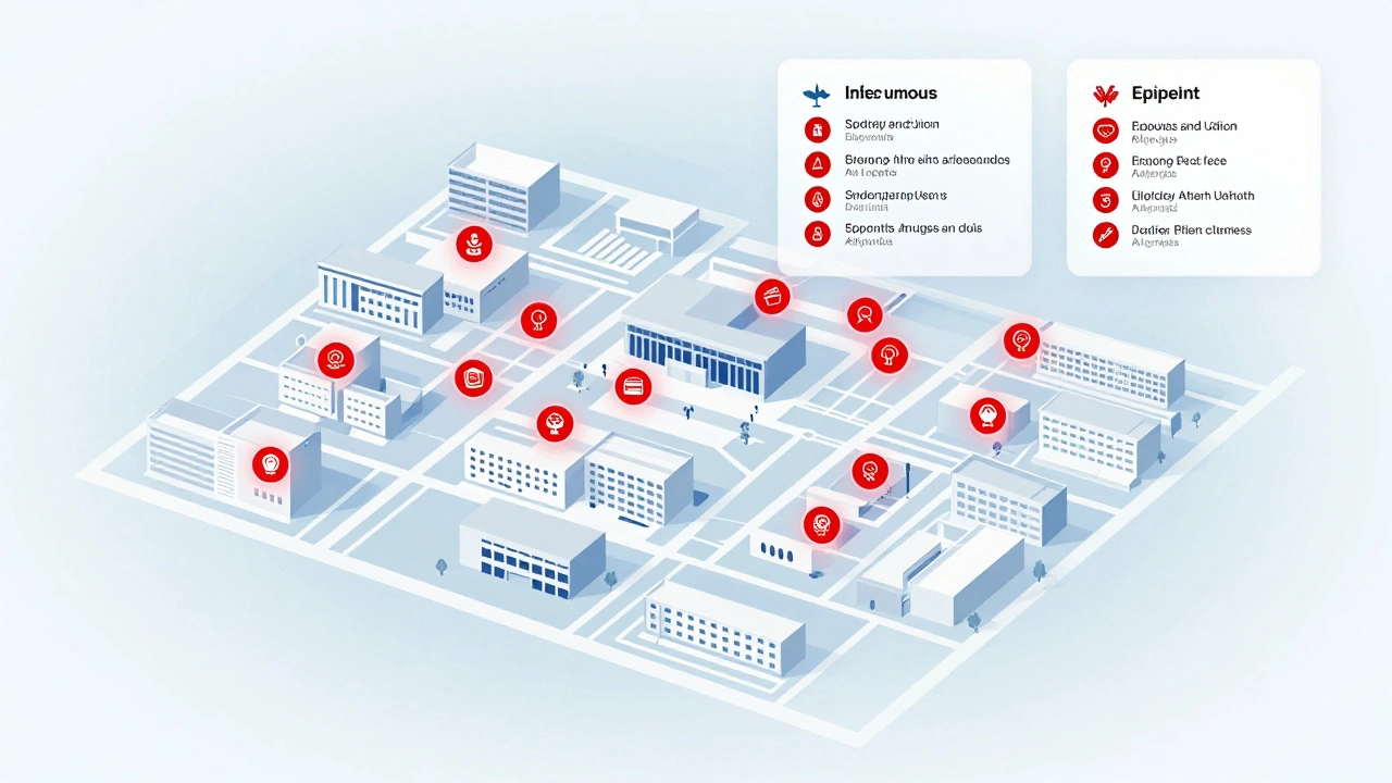 Campus map with EpiPen locations and digital food labels highlighted.