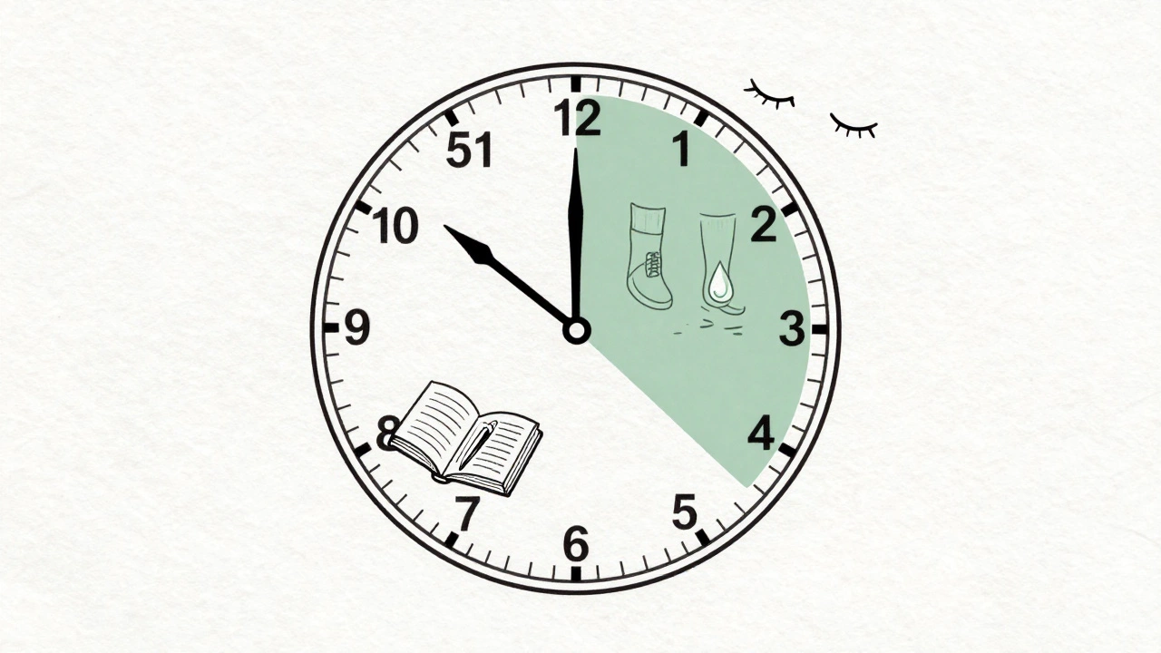 Clock with study and break segments symbolized by book, shoes, water, and closed eyes.