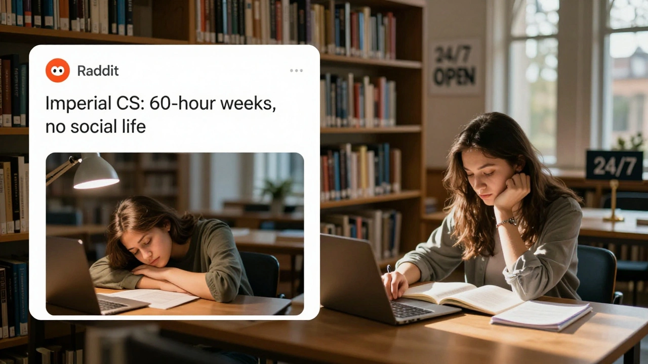 Contrasting scenes: stressed student on Reddit vs. calm student in quiet library.